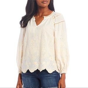 DEMOCRACY Embroidered Crochet Splicing Woven Top